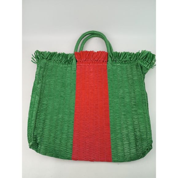 Gucci Green Stripe Web Woven Straw Raffia Tote Shopper Bag - Picture 2 of 8